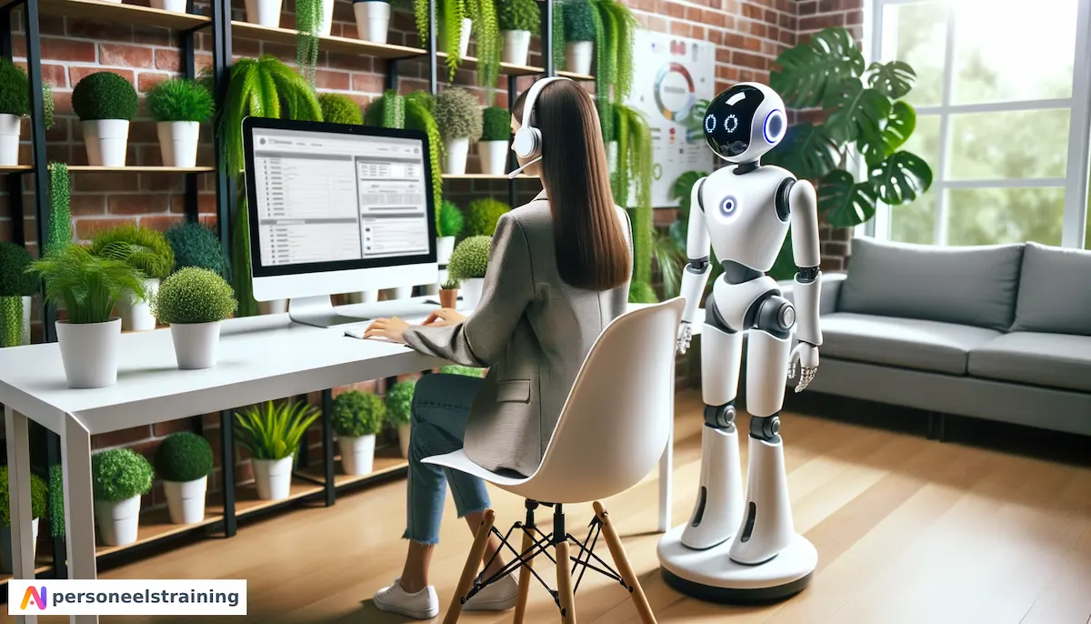 Medewerker met headset in de klantenservice met naast zich een witte assistent-robot