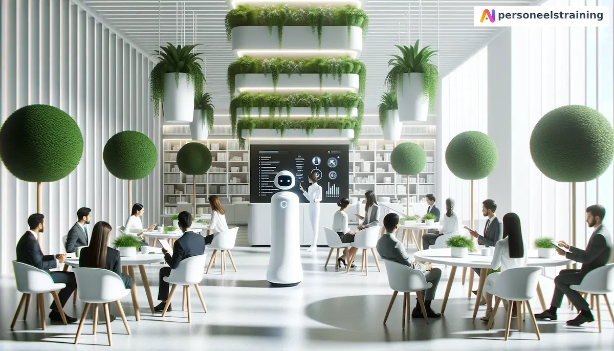 Robot geeft presentatie aan medewerkers in een lichte ruimte, thema opleidingen in AI