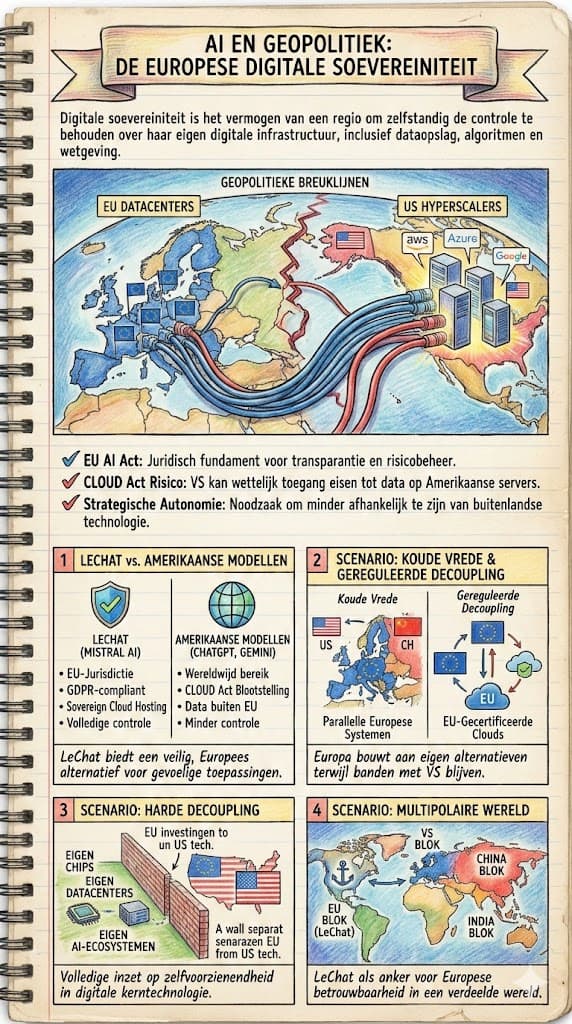 Getekende infographic AI en geopolitiek: Europese soevereiniteit, Le Chat tegenover Amerikaanse modellen, vier scenario's