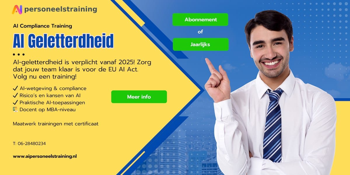 Banner AI Compliance Training AI-geletterdheid met lachende man die wijst naar de tekst