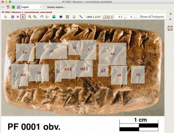 Hotspots outlining cuneiform signs on an Elamite tablet from the Persepolis Fortification Archive