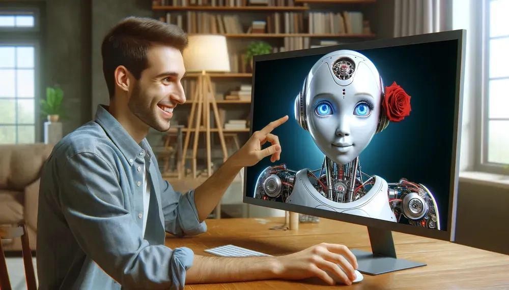 Lachende man wijst naar een robot op zijn computerscherm