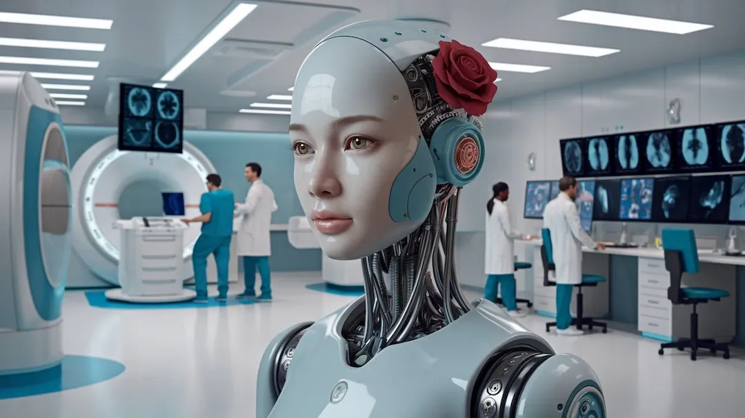 Humanoïde robot in een ziekenhuis met MRI-scanner en artsen die scans bekijken, symbool voor AI in de radiologie