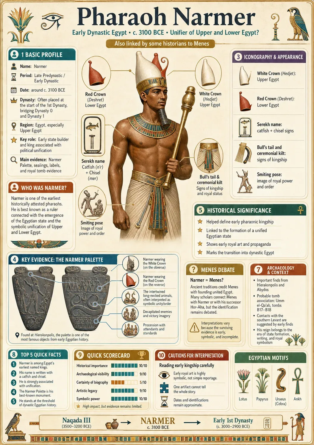 Infographic over farao Narmer met profiel, kronen, Narmer-palet en tijdlijn rond 3100 v.Chr.