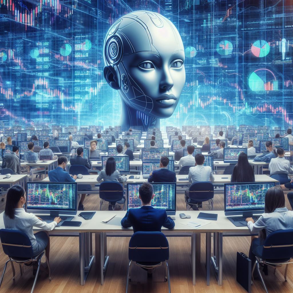 Robotkop boven een zaal medewerkers die financiële data analyseren op schermen