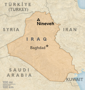Kaart van Irak met de ligging van de oude stad Nineve bij het huidige Mosul