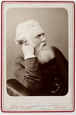 Zwart-witportret van archeoloog Austen Henry Layard met witte baard
