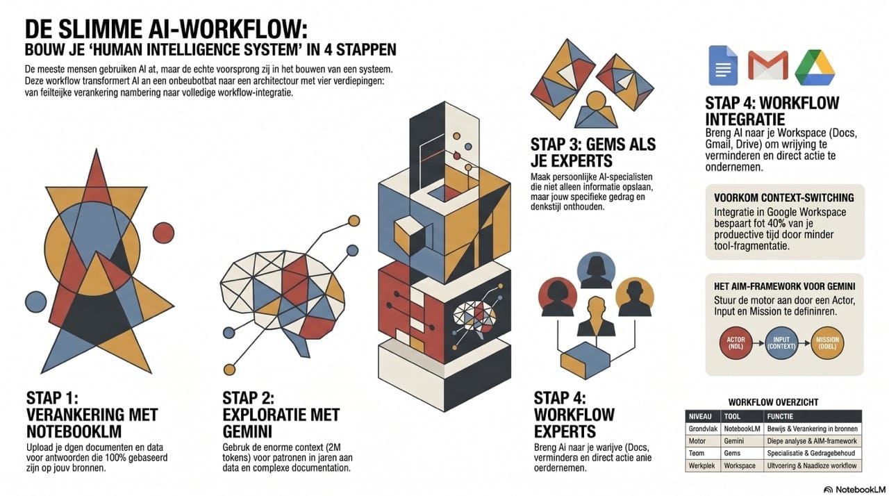 Infographic met vier stappen voor een slimme AI-workflow: NotebookLM, Gemini, Gems en Google Workspace