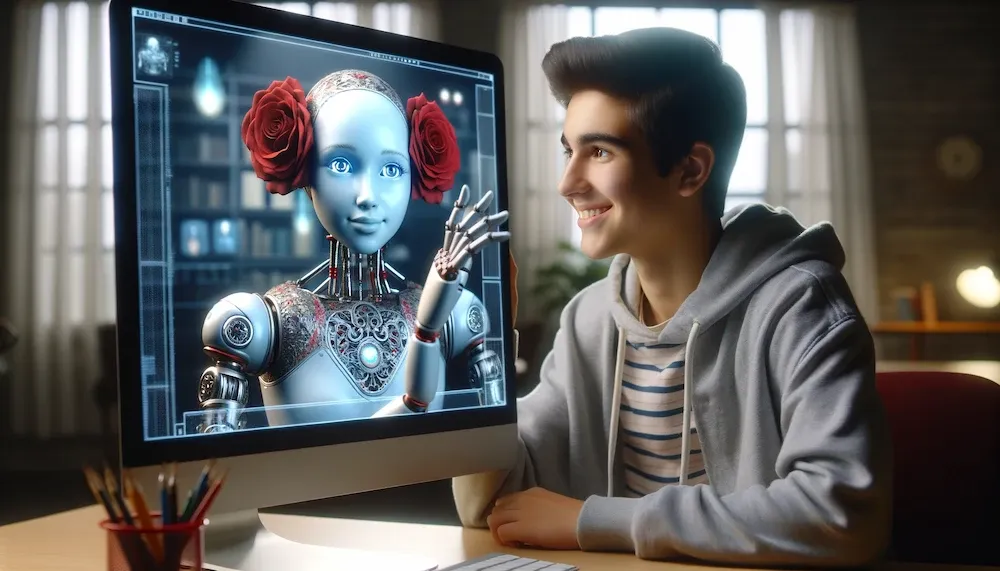 Lachende jongen praat met een robot op een computerscherm, ChatGPT als studiehulp