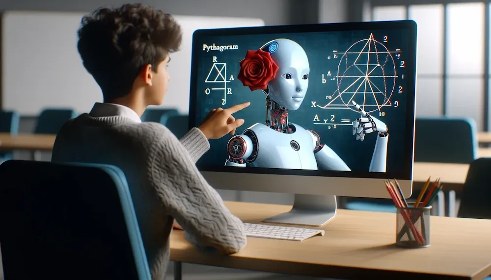 Leerling wijst naar een AI-robot op het scherm die de stelling van Pythagoras uitlegt
