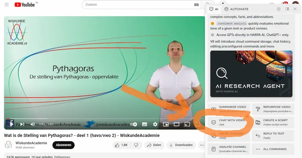 Screenshot van een YouTube-les over Pythagoras met de AI-functie Chat with video gemarkeerd
