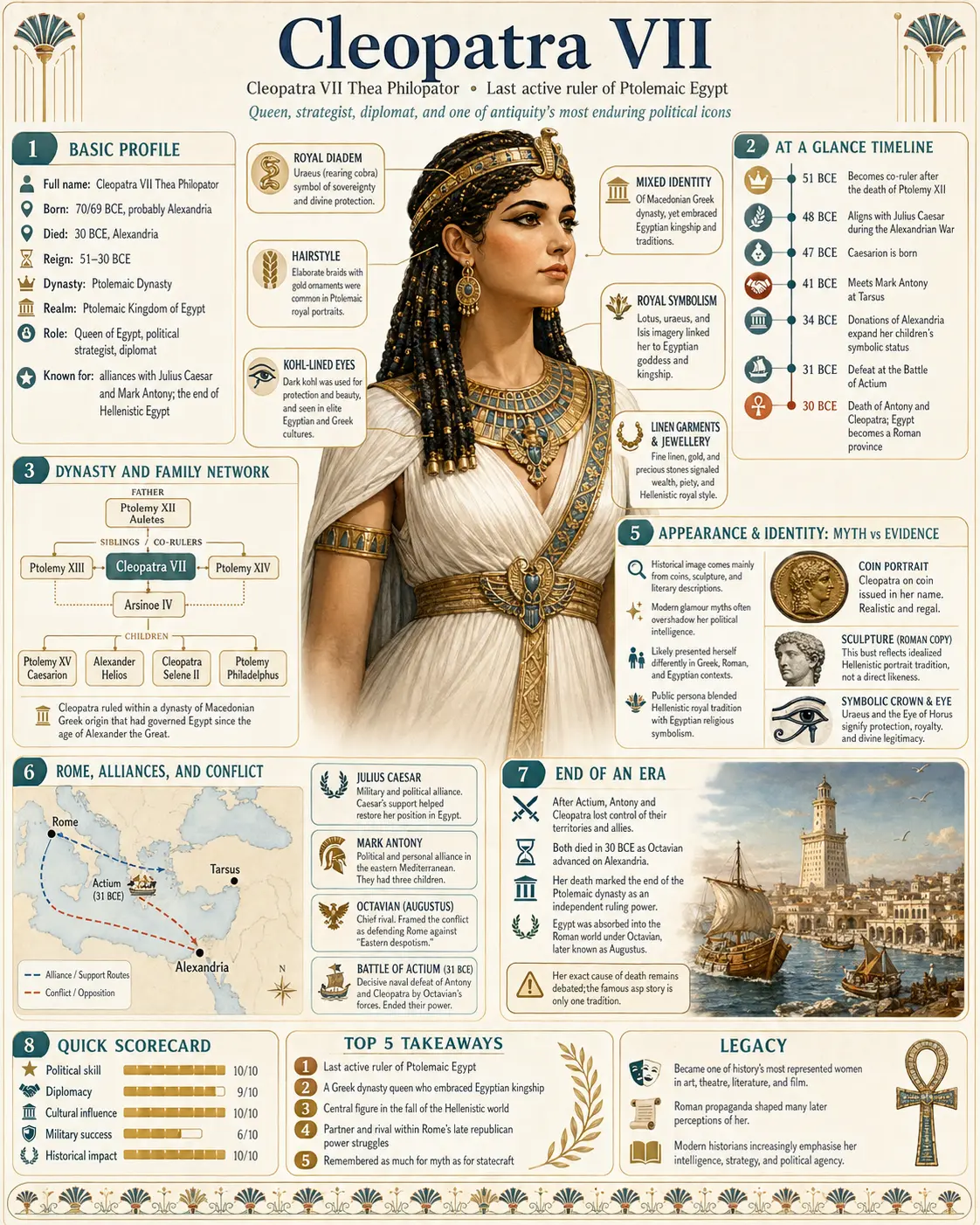 Gedetailleerde Cleopatra VII-infographic met tijdlijn, stamboom, kaart en scorecard, gemaakt met ChatGPT Images 2.0