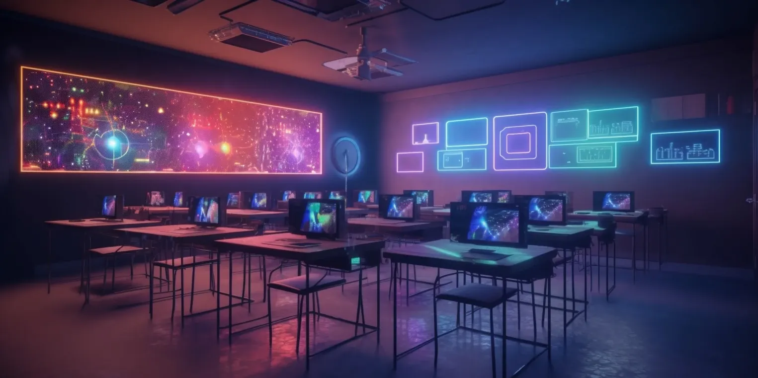 Futuristisch klaslokaal met neonlicht en computers, symbool voor onze AI-trainingen