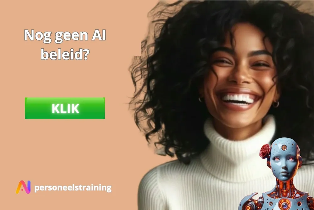 Banner Nog geen AI-beleid met lachende vrouw, een humanoïde robot en knop Klik