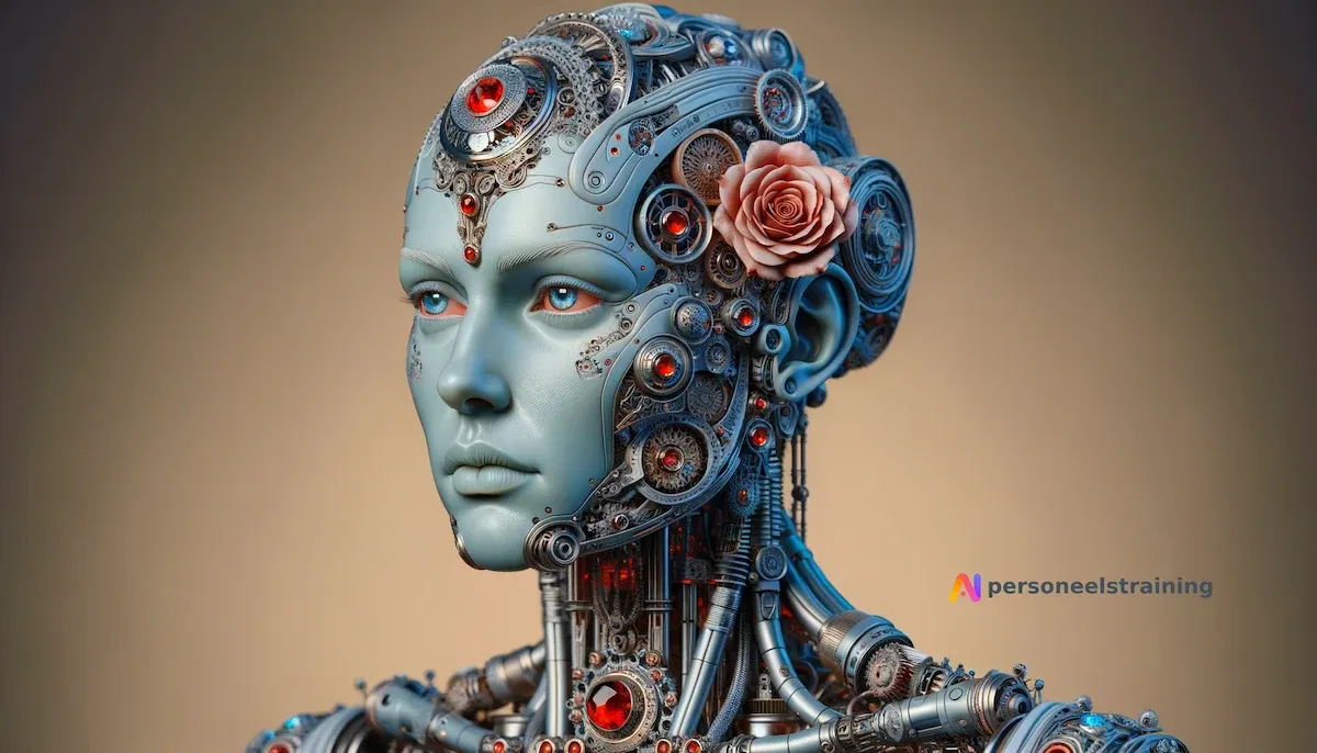 Humanoïde robot met mechanisch gezicht en roos, symbool voor mens en AI in compliance