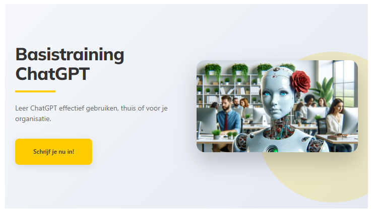 Banner Basistraining ChatGPT met een robotkop met roos en de knop Schrijf je nu in