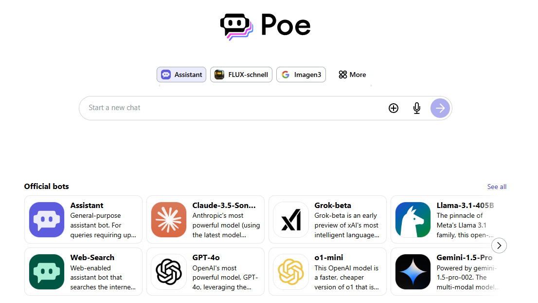 Startpagina van Poe met chatbalk en officiële bots zoals Claude, Grok, Llama, GPT-4o en Gemini
