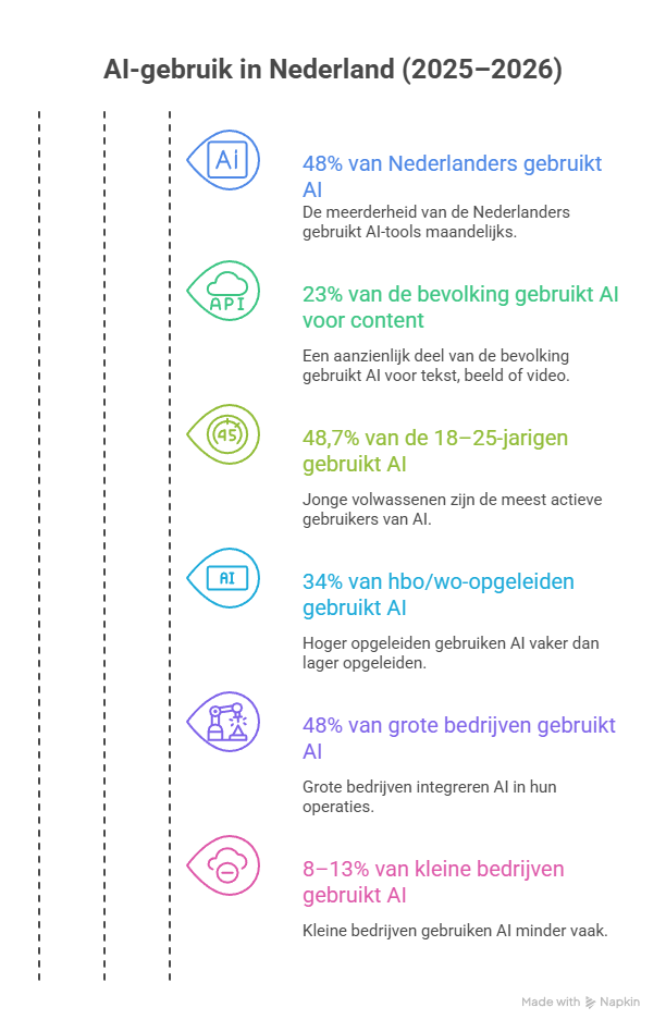 Infographic AI-gebruik in Nederland 2025-2026: 48% van de Nederlanders en 48% van de grote bedrijven