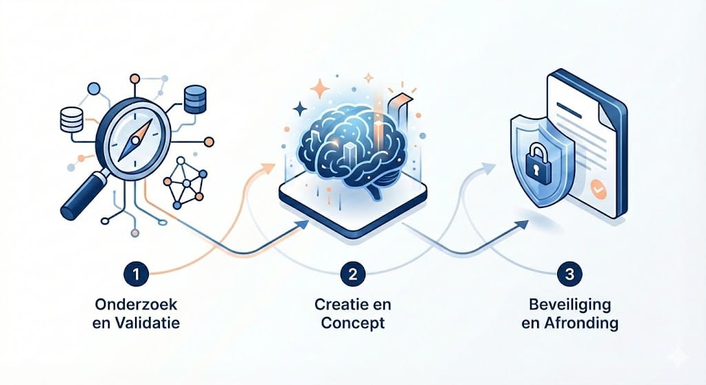 Drie stappen van de AI-stack: onderzoek en validatie, creatie en concept, beveiliging en afronding