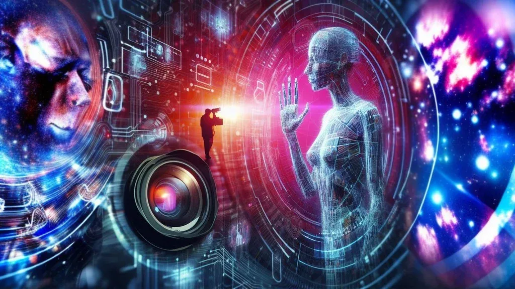 Futuristisch beeld van een figuur van lichtlijnen en een cameralens, thema privacy en AI