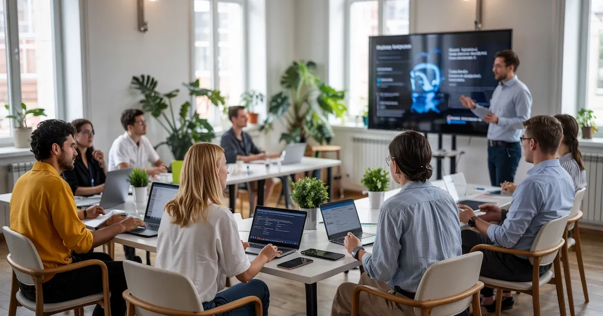 AI training seminar -teacher and students with laptops