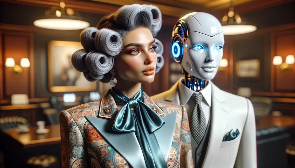 Vrouw en robot in een stijlvol interieur, symbool voor de impact van de EU AI Act op mens en organisatie