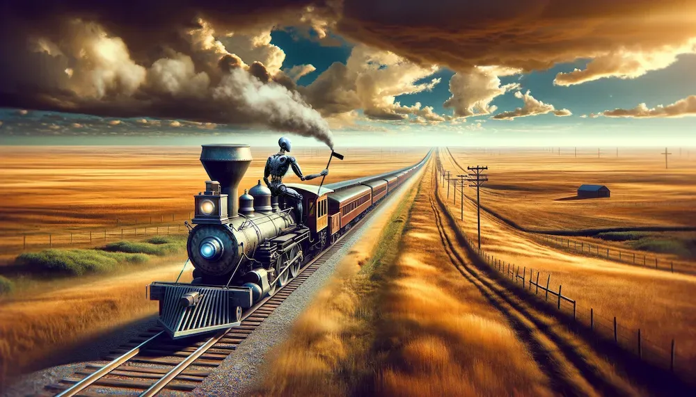 Stoomtrein bestuurd door een robot over een prairie, beeld voor de reis door AI-compliance