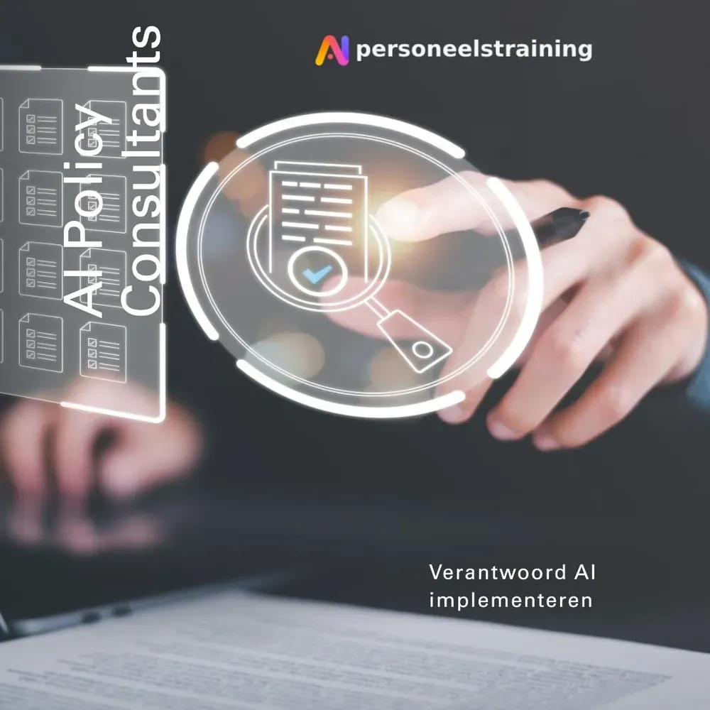 Hand met vergrootglas en documentpictogram met de tekst AI Policy Consultants, verantwoord AI implementeren