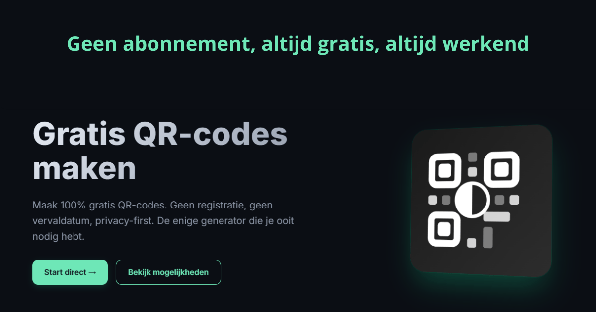 Webpagina van QR Studio met de tekst Gratis QR-codes maken en een QR-icoon op donkere achtergrond
