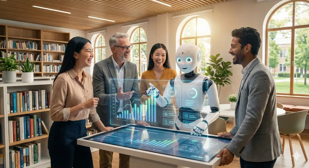 Medewerkers lachen samen met een robot rond een touchscreen-tafel met holografische grafieken