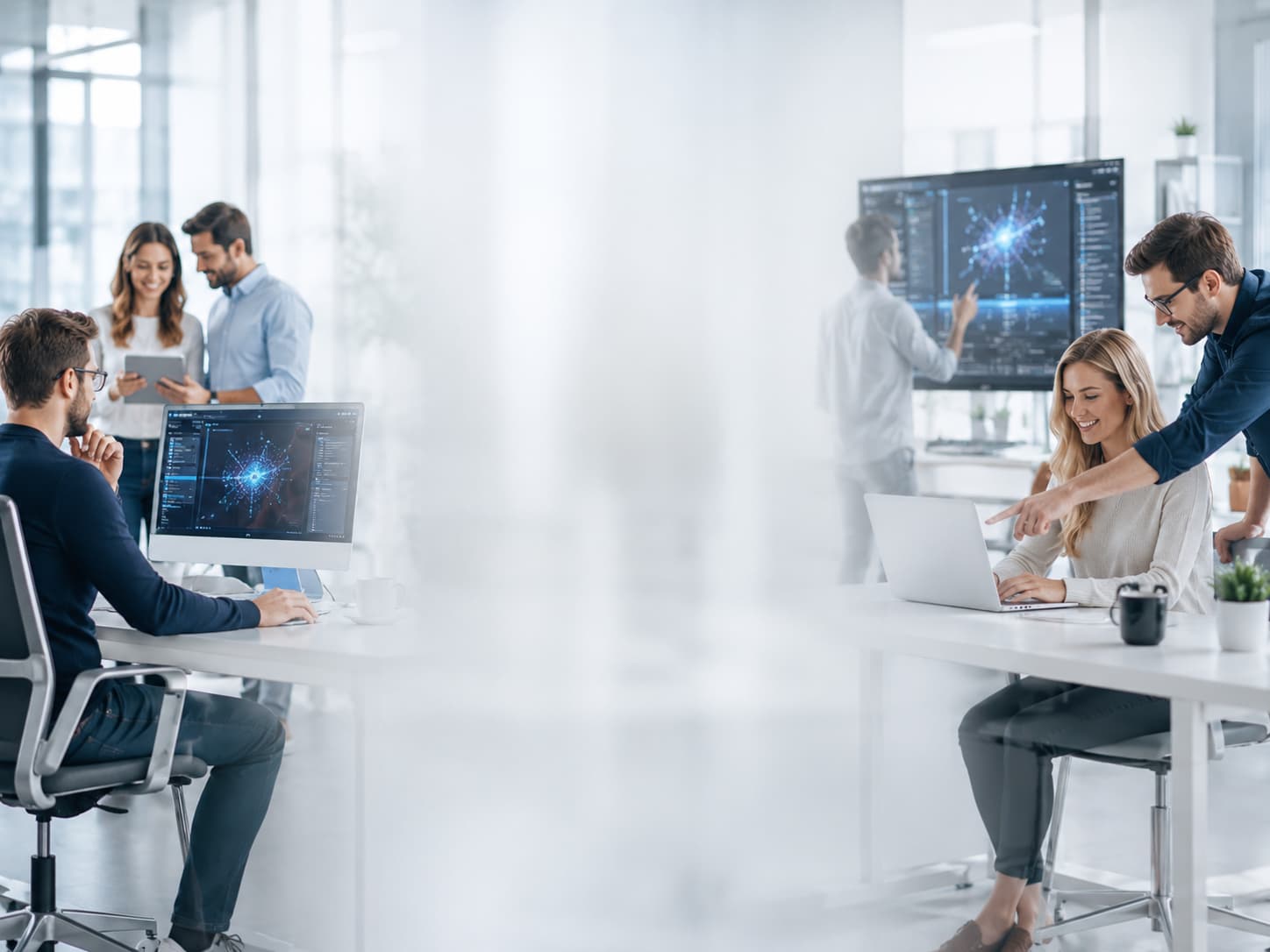 Mensen werken samen aan computers en schermen met AI-visualisaties in een lichte kantoorruimte