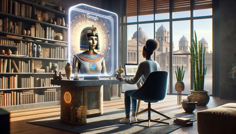 Vrouw praat via een scherm met een AI-avatar als Cleopatra in een bibliotheek, voorbeeld van geschiedenisles met AI