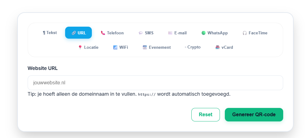 Scherm van de gratis QR-generator van QRstudio.nl met typekeuze en invoerveld voor een website-URL