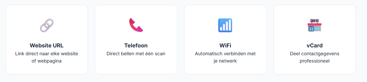 Vier QR-types in QRstudio: website-URL, telefoon, WiFi en vCard, elk met korte uitleg