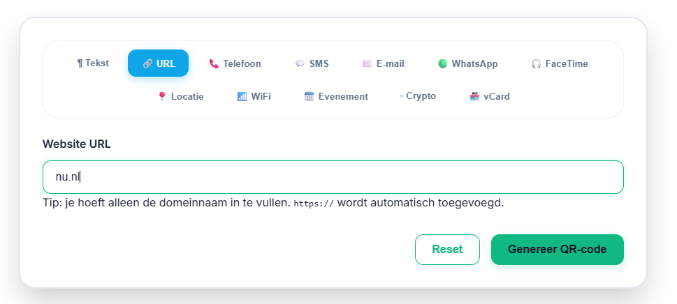QRstudio met het domein nu.nl ingevuld in het URL-veld, klaar om de QR-code te genereren