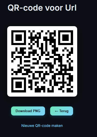 Gegenereerde QR-code voor een URL met knoppen om als PNG te downloaden of een nieuwe code te maken