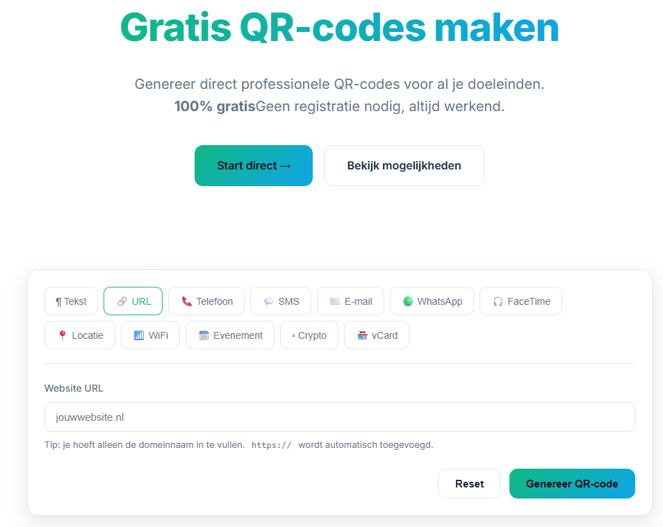 Startpagina van QR Studio met typekeuze en invoerveld voor een website-URL, zonder inlog