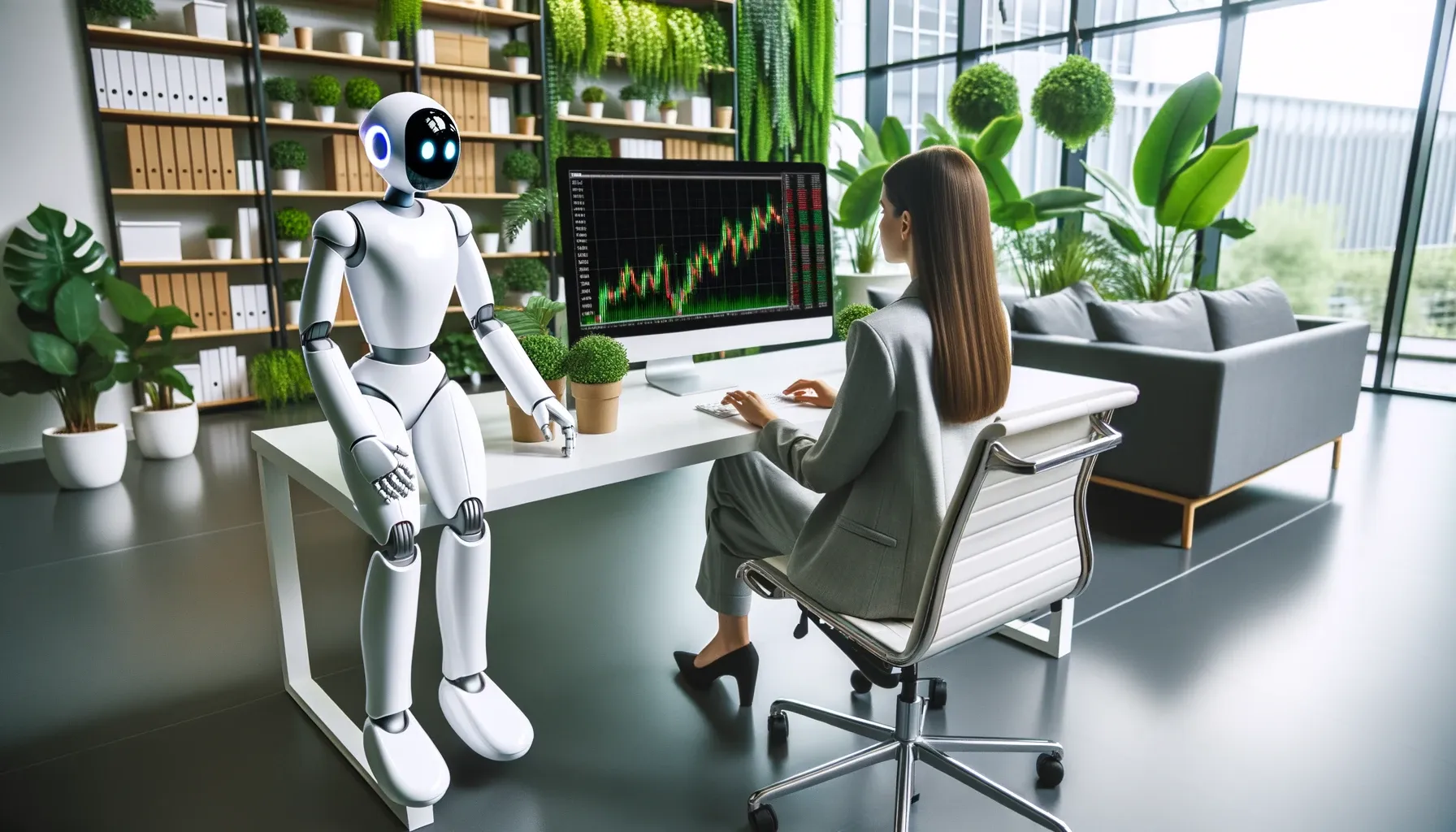 Robot en vrouw achter een computer met koersgrafiek, AI in de financiële sector