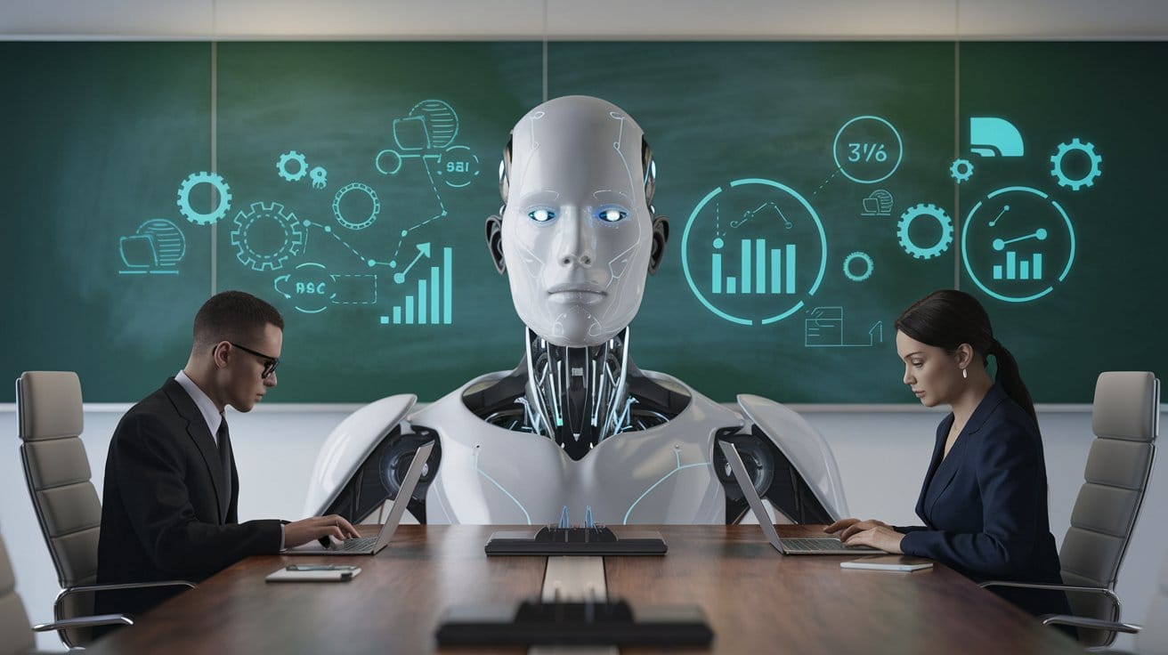 Humanoïde robot voor een groen schoolbord met bedrijfsgrafieken, tussen twee collega's aan een vergadertafel