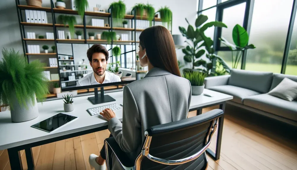 Vrouw volgt een online AI-workshop via een videoverbinding met de trainer op haar beeldscherm