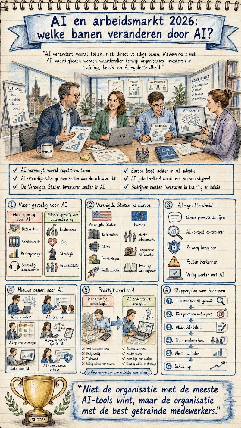 Getekende infographic over AI en arbeidsmarkt 2026: gevoelige banen, VS tegen Europa en stappenplan