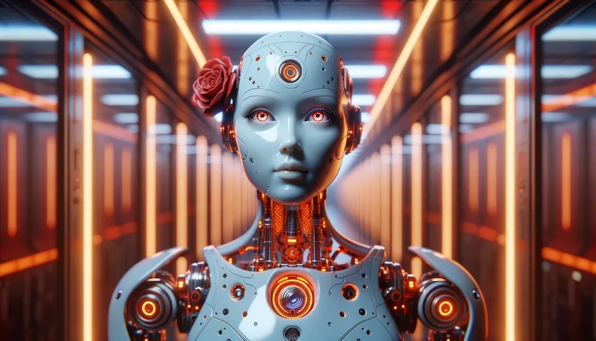 Robot met oranje lichtgevende details in een futuristische gang