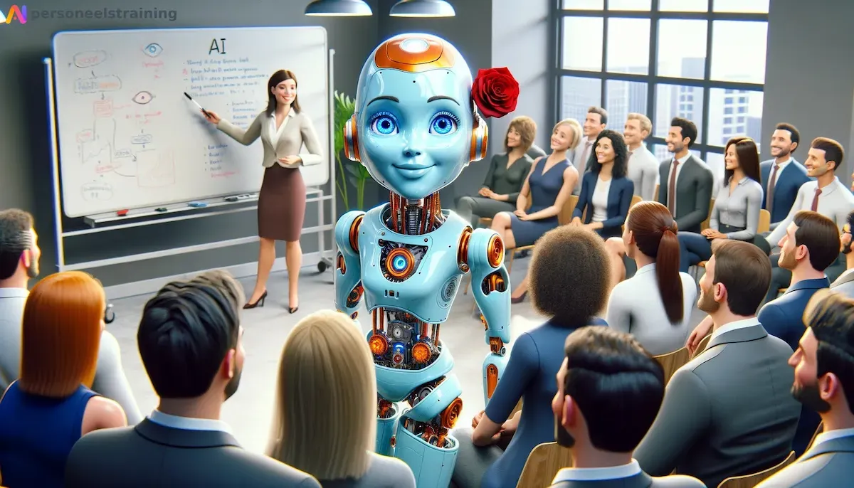 Robot en trainer voor een groep cursisten naast een whiteboard