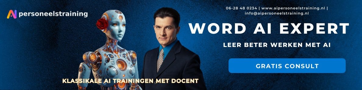 Banner Word AI Expert met robot, docent en knop gratis consult