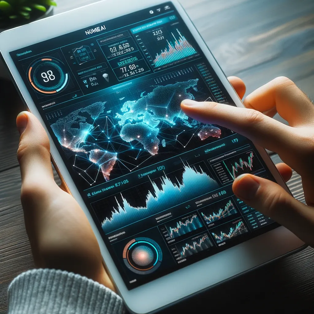Tablet met Numerai-dashboard met wereldkaart en koersgrafieken