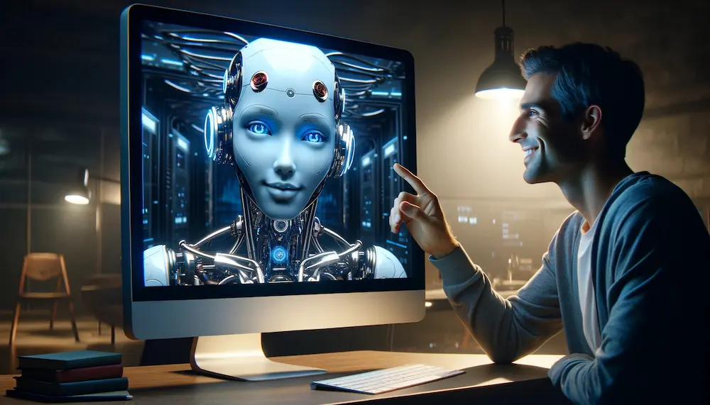 Man wijst glimlachend naar een robotgezicht op een computerscherm