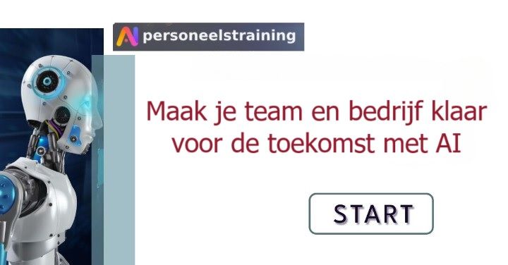 Robotkop met de tekst Maak je team en bedrijf klaar voor de toekomst met AI en een startknop