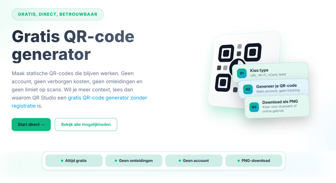 Startpagina van QR Studio: gratis QR-code generator met drie stappen en download als PNG