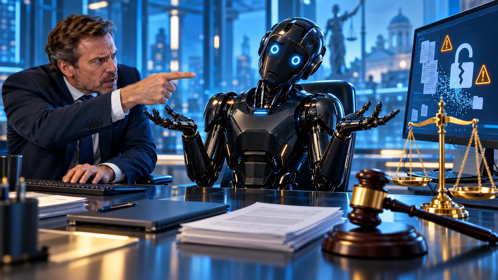 Illustratie van een medewerker die een AI-robot aanspreekt op een fout