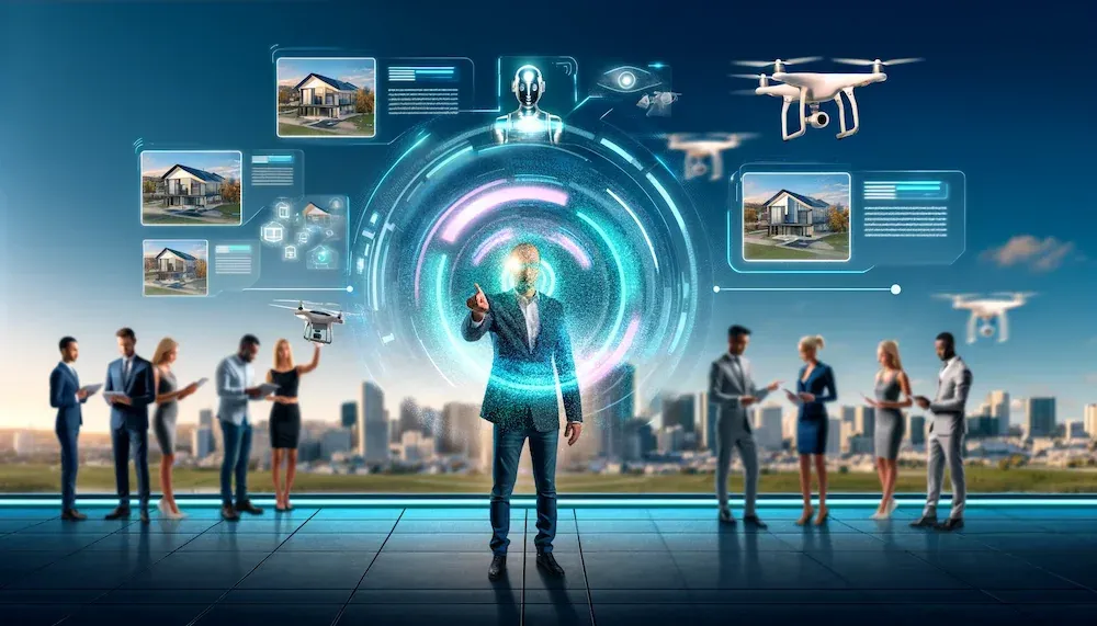 Makelaar met holografische cirkel omringd door woningen, drones en klanten in een stad